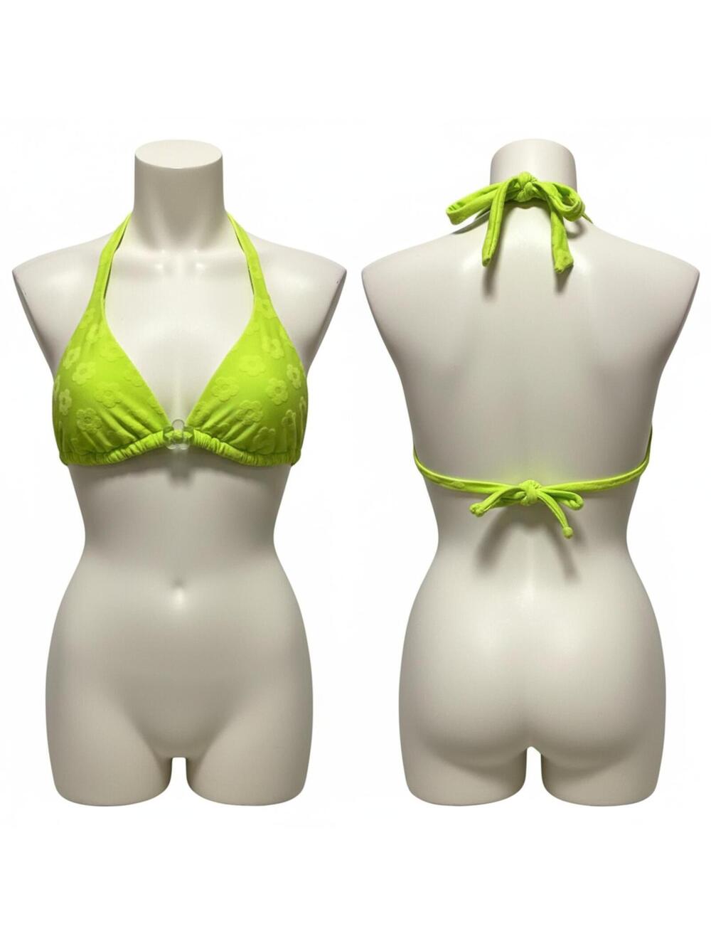 Wild Fable  Halter Bikini Top Neon Green Floral Flower Accent XS